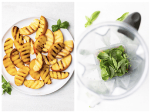 Step 1 shows grilling peaches and step 2 shows blending the herbs with olive oil.